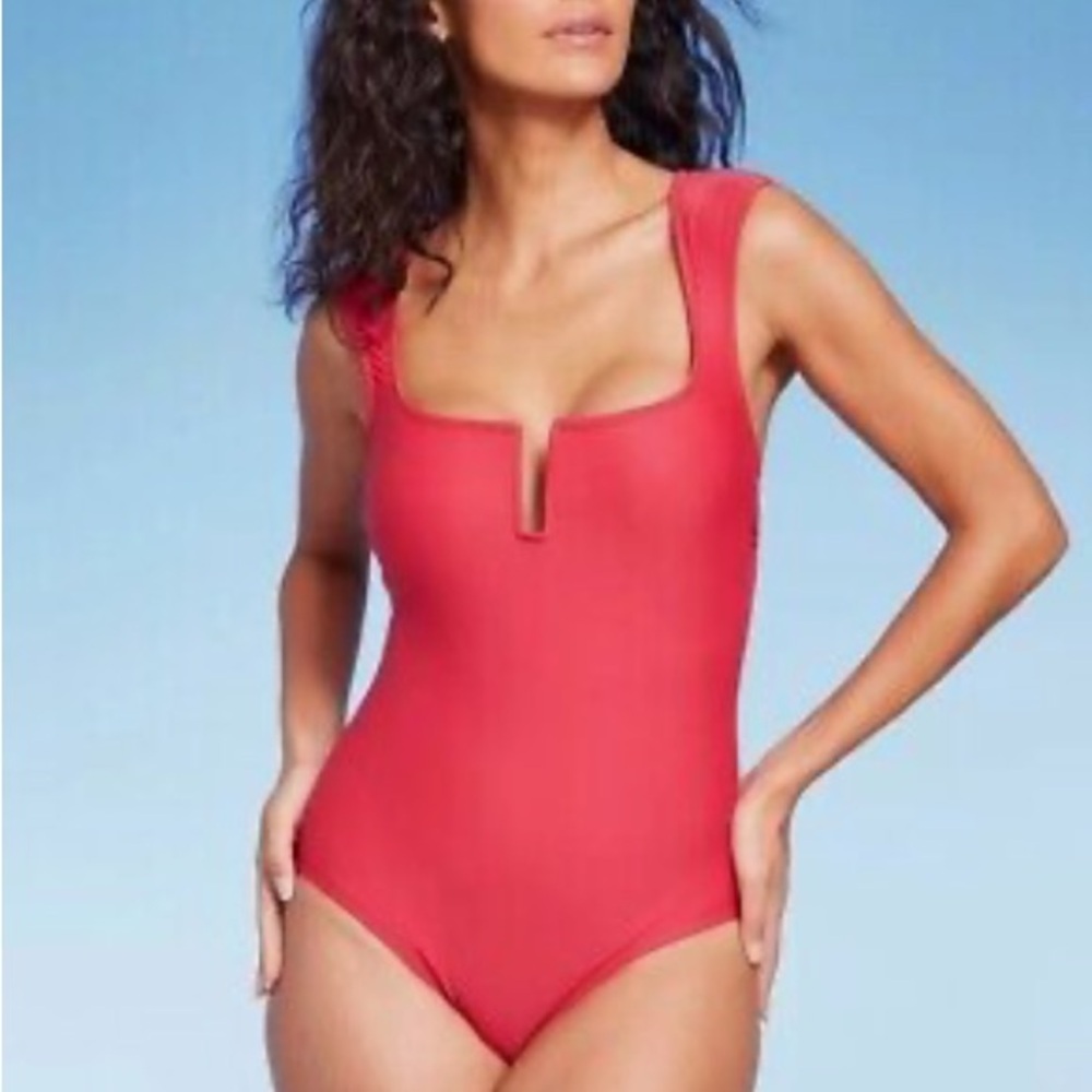 Kona Sol Red Hot Cap Sleeved U Wire Split Neck One Piece Swimsuit S/M/L/XL NEW